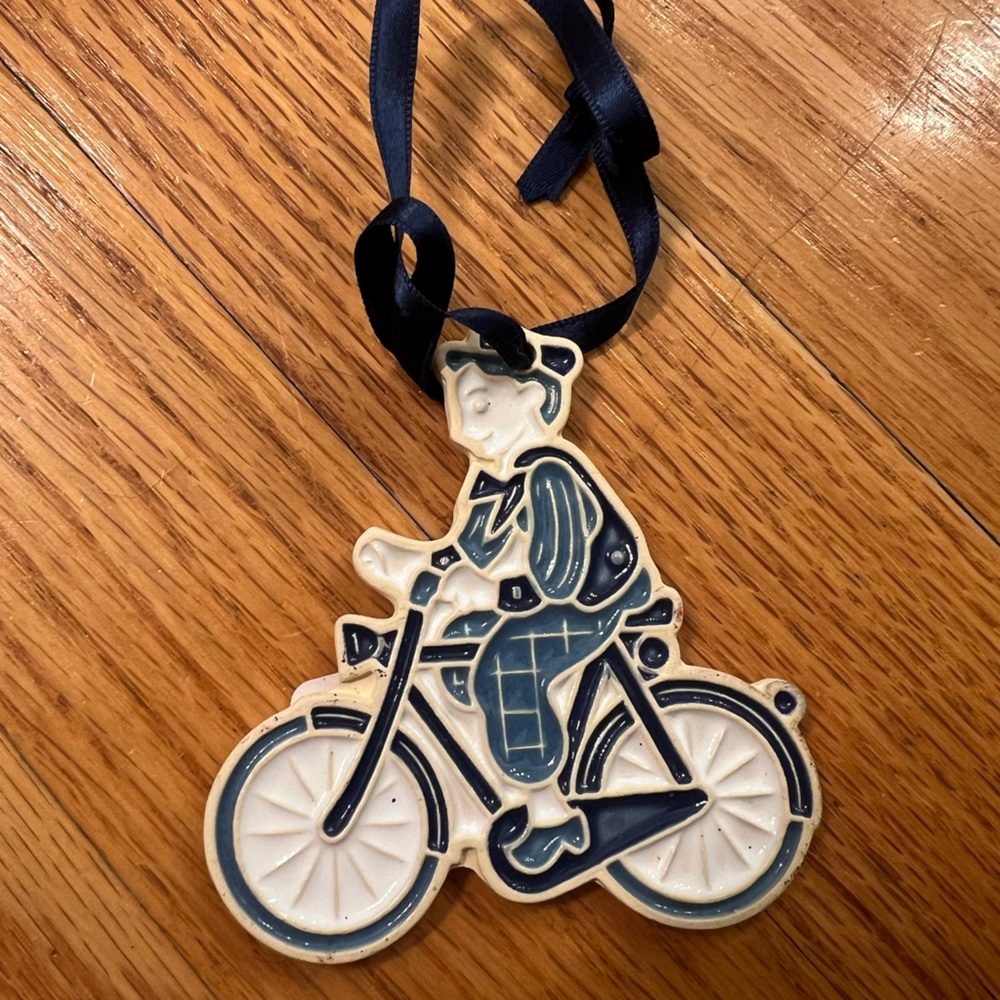 Vintage Bicyclist Ornament with Blue Ribbon